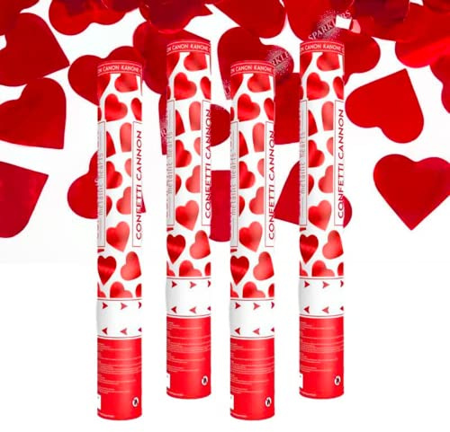 Canon à Confettis Coeur couleur Rouge 80 cm - Lot de 4 lanceurs à confettis à tenir en main, pour Anniversaire, Mariage - Portée 10 Mètres, Prise en Main Facile - SPARKLERS CLUB®