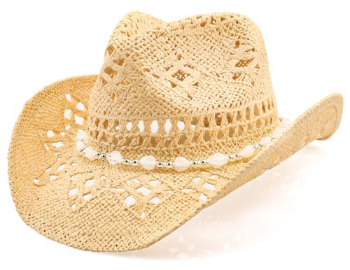 WQWOVRVO Cowboy Hat,Cowgirl Hat,Cowboy Hats for Women/Mens/Straw Wide with Shapeable Brim Cowboy Hats for Womens/White/Black/Beige (Beige+White)