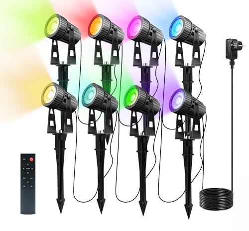 8 faretto da giardino RGBW con telecomando e funzione di temporizzazione, 12V 24W Faretto da giardino a LED con picchetto, luci da giardino per esterni impermeabili IP65,illuminazione stradale
