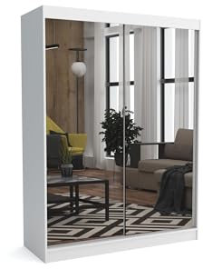 Brent - Kleiderschrank mit Spiegel Dave, 160cm Breit, Schlafzimmerschrank mit 1 Kleiderstange und Einlegeböden für Kleidung, Kleiderschrank Weiß