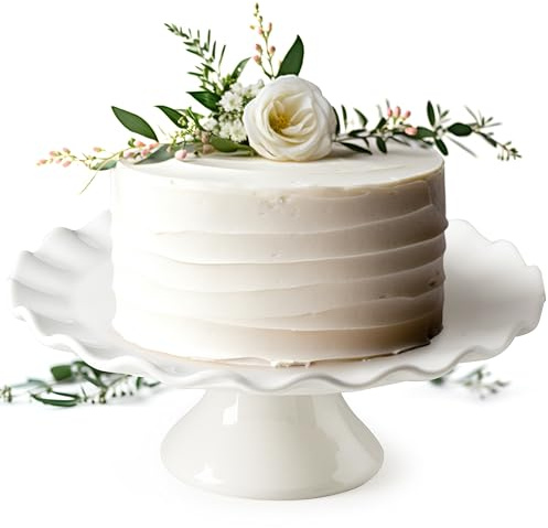 YHOJOY White Cake Stand, 10 Inch Cake Stands for Tea Party, Round Dessert Stand for 8 Inch Cake, Small Cake Plate Cupcake Stand for Dessert Table Display, Ruffle Trim
