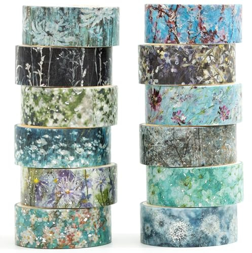 Songdao Blommor Washi Tape set 12 rullar silver dekorativ tejp, färgglad för scrapbooking, bullet dagbok, planerare, presentförpackning (blommig symfony)