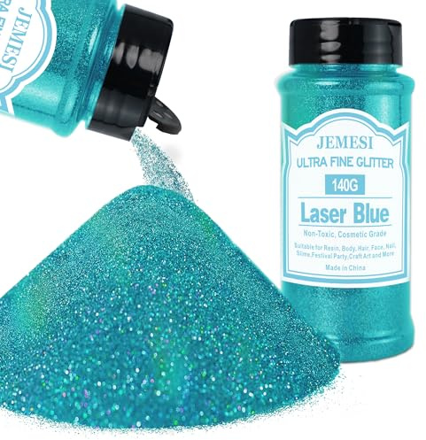 JEMESI Laserblått glitterpulver, 140 g – 0,2 mm ultratunt glitterpulverglitter för epoxiharts, gör-det-själv-pyssel, tumbler-målning, ljustillverkning; kosmetiskt glitter, nagelpulver, kroppsglitter