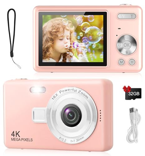Digital Camera - 1080P FHD 44MP with 2.4 LCD Screen Compact Portable Vlogging Photo Camera with 32gb SD Card 16X Digital Zoom for Kids Teen Students Beginner (Upgrade Pink)