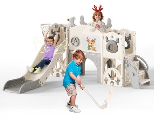 Kinderrutsche Outdoor & Indoor, Babyrutsche 7 in 1 mit Basketballkorb,Freistehende Rutsche,Stauraum,Kletterleiter und Spielteleskope (7 in 1 beige grau)