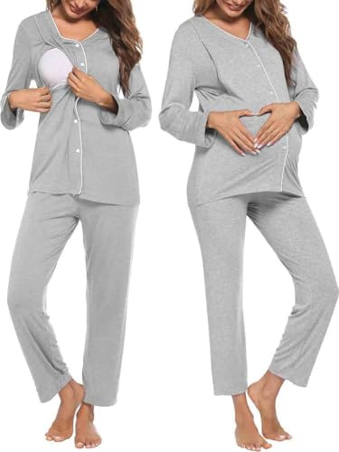 SRIWTDX Conjunto de Pijama de Lactancia de Maternidad con Botones, Ropa de Dormir Suave de Manga Larga, Ropa de Dormir para Lactancia,Gris,M