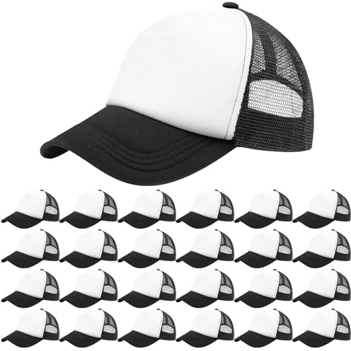 Lot de 24 Casquettes de Baseball à Sublimation, Chapeaux de Camionneur Réglables Unisexes pour Enfants et Adultes, Casquette en Maille pour École, Sports, Activités Extérieures, Noir et Blanc
