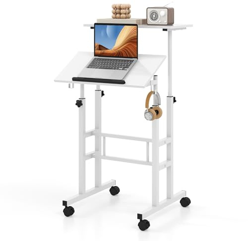 COSTWAY Stående skrivbord justerbar höjd, mobilt datorbord med hjul, lutbar bordsskiva och 2 krokar, skrivbord, ståsittbord, laptopbord för hem, kontor (vit)