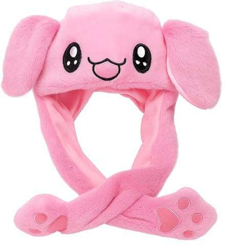 Grion Pink Plush Animal Hat With Moving Ears For Cosplay - Cute Cartoon Bunny Headwear With Long Flaps And Embroidered Paw Print Tips For Costume Festival, Outdoor Wear In Autumn And Winter