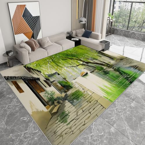WHUOEUCO Tappeto Salotto Soggiorno Lavabile Salici Case 160x230cm Tappeti Pelo Corto Antiscivolo Morbido per Camera da Letto, Sala da Pranzo
