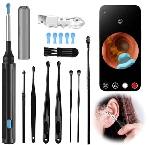 Ziyonix Otoscopio Limpiador Oidos, 3,5mm WiFi Endoscopio de Oído con 1080P Cámara y 6 LED Kit de Limpiador de Oídos con 6 Puntas de Silicona Ear para iOS Android
