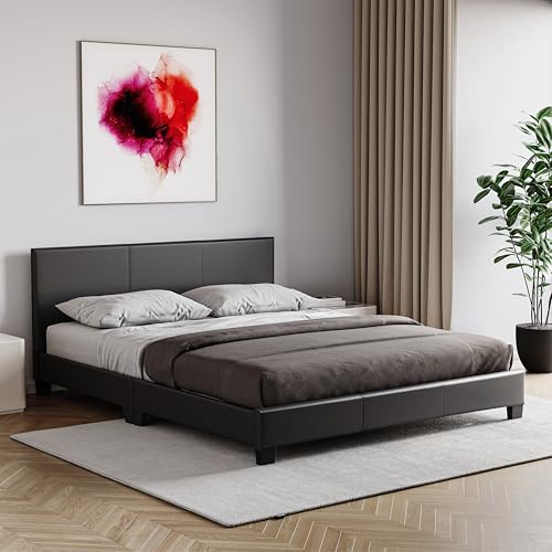 Vida Designs Lisbon King Size Bed, 5Ft Bed Frame Upholstered Faux Leather Headboard Low Foot End Bedroom Furniture, Black (UKFR Certified)