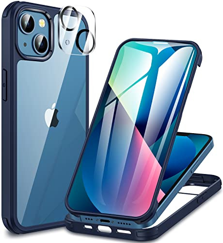 CENHUFO Cover iPhone 13, con Protezione Schermo Vetro Temperato Integrata e Pellicola Fotocamera [9H HD] 360 Gradi Antiurto Trasparente Case Fronte Retro Doppia Faccia Custodia per iPhone 13 -Blu