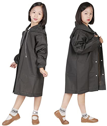 Poncho Pluie Avec Manches Femme, Manteau Impermeable Enfant Fille/garcon, Cape De Pluie Transparente Homme, Eva Poncho Pluie Imperméable Avec Capuche Léger Randonnée Pliable 2 Pièce (enfant-noir)