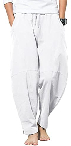YAOBAOLE Mens Linen Trousers Men Baggy Yoga Trousers with Pocket White L