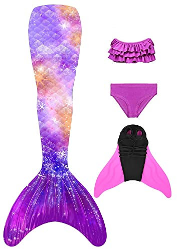 NAITOKE meerjungfrauenflosse mädchen Badeanzug - Meerjungfrau Flosse Bademode mit Bikini Set und Monoflosse Mermaid Tail, 4 Stück Set