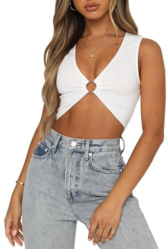 QKEPCY Canotta da Donna Senza Maniche Casuale Slim Tank Top Sexy Crop Top Canotta Party Club con Anello in Metallo Traspirante Estate Morbido (Bianco L)
