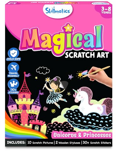 Skillmatics Scratch Art Book for Kids - Unicorns & Princesses, Easter Basket Stuffers, Craft Kits & Supplies, 30+ Scratch Stickers, Travel Toys, DIY Kit, Gifts for Girls & Boys Ages 3, 4, 5, 6, 7, 8