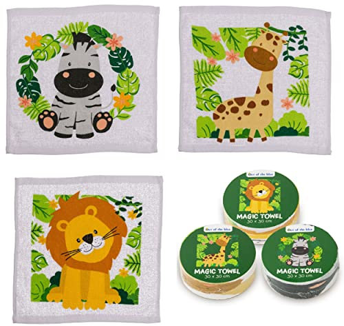 Damaloo 3 Asciugamani Magici per Bambini con Motivo Animale Safari, Set per Ragazze e Ragazzi, 30 x 30 cm