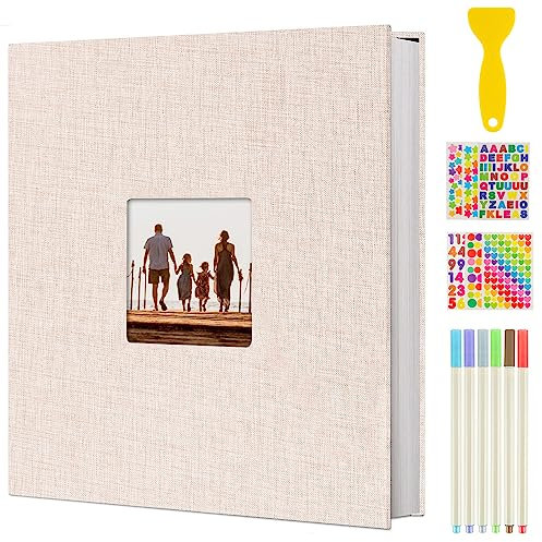 AIOR Self Adhesive Photo Album Scrapbook, Linen Hardcover Family Scrap Books 40 White Pages, DIY Anniversary Memory Book for Baby Wedding (Beige)