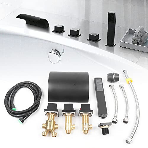 Badewannenarmatur Wasserfall Schwarz Wannenrand 5-Loch Wannenrandarmatur 3-fach Wechselbar Badewanne Wasserhahn Rainshower Handbrause Set für Badewanne, Hotel, SPA