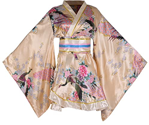 Kimono corto sexy da donna, per adulti, con stampa di Yukata giapponese, abito con cintura, 27# Giallo, Etichettalia unica