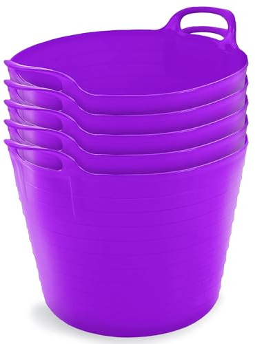 Neat Plastics 42L Flexi Tubs 5 Pack - Large Garden Tubs with Handles, Heavy Duty, Ideal Bath & Flexi Bucket, Durable Flexible Bucket for Home & Garden (Purple)