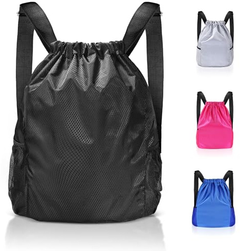 Lychico Waterproof Drawstring Bags, Swim PE Backpack Bag for Men & Women, Sports Gym, Travel, Swimming, Beach, Large Daypack, Black