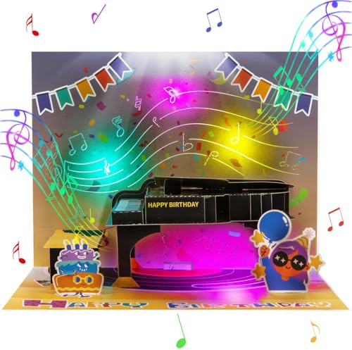 Carte d'anniversaire musicale avec lumières LED – Carte d'anniversaire pop-up 3D avec musique et effets de lumière dynamiques – Pour pianistes, musiciens, professeurs de musique et amateurs de musique