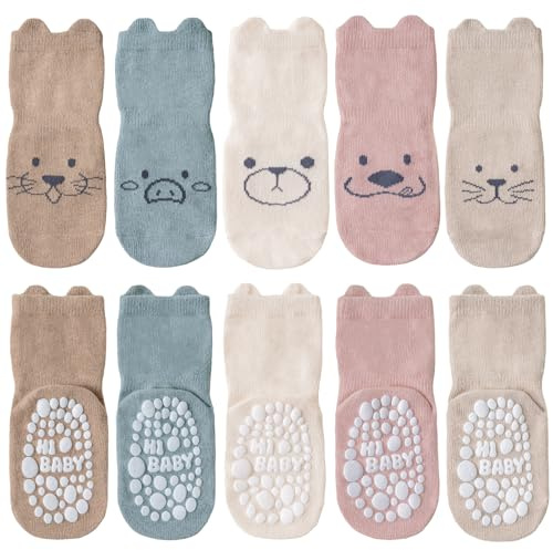 SockWaddles Halkfria Babystrumpor, 5 Par, för Barn, med Grepp | Babystrumpor i 80% bomull med runda ABS-grepp under sulan; mjuka resårmuddar för lek, krypning och första steg