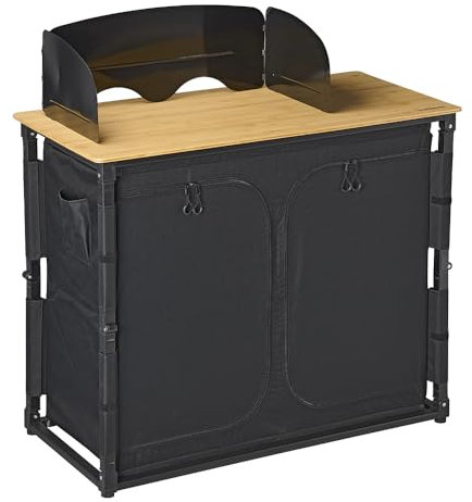 Campout Küchenzeile - 100 x 49 x 82,5 cm - Faltbare Campingküche - Outdoor Küche - Zusammenklappbare Campingschrank - Klappbar mit Stauraum - Platz für Gasflasche - Inkl. Tragetasche - Bambus
