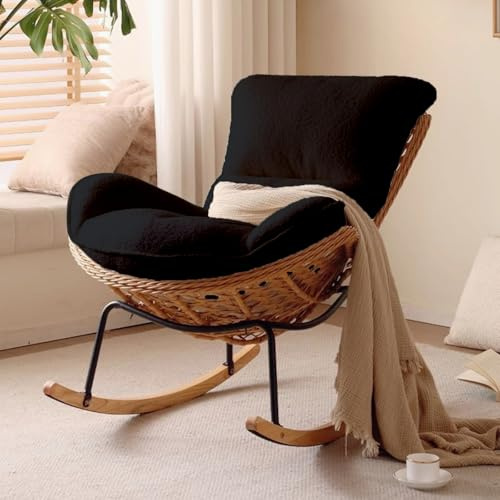 NEW! Rocking Chair Comfy Lobster Lounge Chair-(with Chairs Cover) Handmade Rattan Weaving Teddy Upholstered Glider Nursing Chairs for Adults, for Living Room/Bedroom Easy to Assemble (Black)