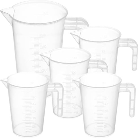 5 Pcs Jarra Medidora Plastico, 50ml 100ml 250ml Vaso Graduado, Taza Medidora, Tazas Medidoras, Vaso Medidores Precisión, Dosificador Vaso Medidor con Asa Reutilizable para Cocina Hornear Laboratorio