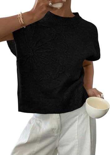 PRETTYGARDEN Women's 2026 Spring Sweater Vest Trendy Flower Knit Short Sleeve Cute Pullover Tank Tops Summer Fashion Clothing (Black,Large)