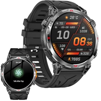 AIEK AI Smart Watch con GPT Voice Assistant, GPS Tracking Bluetooth Chiamate Smartwatch, 1.56 pollici AMOLED Screen Orologio Sportivo Uomo Compatibile con Android iOS, 3ATM Impermeabile/Bussola (nero)
