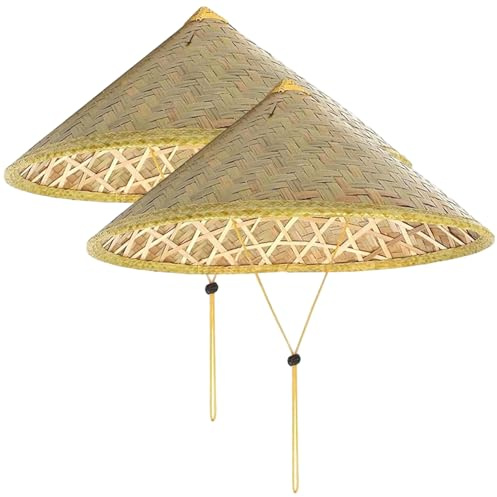 Licsaliwe Sombrero de bambú cónico Chino, 2 uds., Sombrero de arroz de 14 Pulgadas con Tejido de Cuerda Ajustable, Gorro de Lluvia para Turismo de Paja de arroz para Pesca de Agricultores