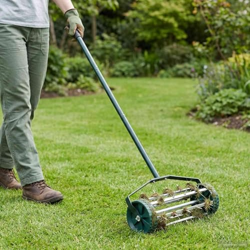 Rullo per prato con pinze di aerazione in acciaio, 127,5 x 44 cm, verde, strumento da giardino per aerazione del terreno e cura del prato, aeratore per compost e asta di ventilazione per humus e