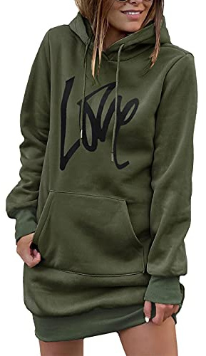 Tomwell Mode Jupe Pull à Capuche Femme Mini Robe Automne Hiver Sweat Pull Mesdames Manches Longue Pullover T-Shirt Sweat Shirt Chemisier Manteau Femme Haut Chemisier décontracté Veste A Armée Verte L