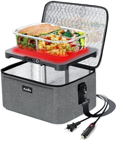 Aotto Portable Oven, Electric Lunch Box Food Heater - 12V/24V/110V 3-in-1 Car Food Warmer - Heated Lunch Box for Adults - Cook, Reheat & Keep Meals Warm for Car, Truck, Travel, Work, Home - Grey