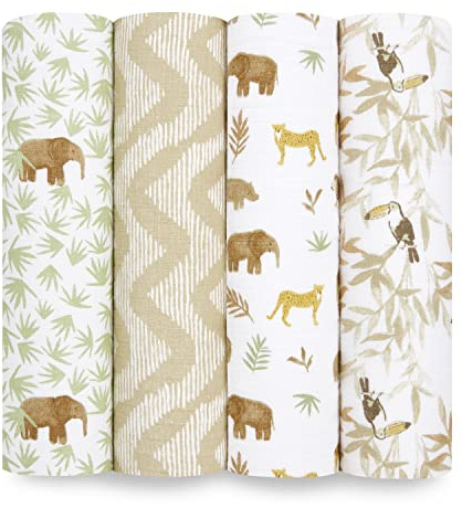aden + anais tanzania Swaddle Blanket - Pack of 4| Large 100% Breathable Muslin Cotton Swaddle Wrap Set for Baby Girls & Boys |nature, animals, savannah Print Designs, 112 x 112 cm