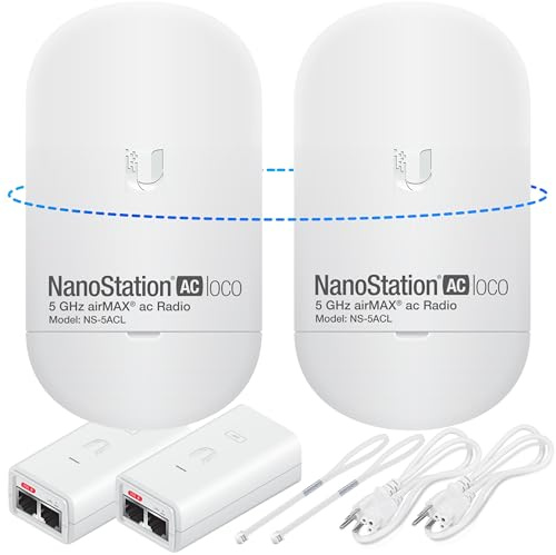 Wireless Bridge Ubiquiti LOCO5AC PRE-CONFIGURED, Bundle of 2 Ubiquiti Nanostation LOCO 5AC, Point to Point Outdoor WiFi Bridge, Plugh and Play, 5GHz, 450+Mbps, 10+km Link Range, Network Bridge