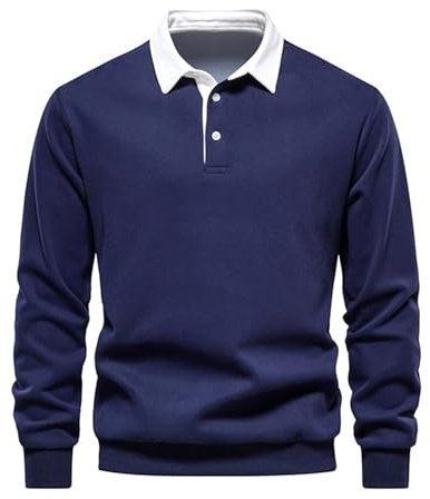 Btmpmcs Män pikétröja vardaglig långärmad t-shirt bomull golf polotröjor t-shirt topp enkel premium rugbytröja, marinblå, L