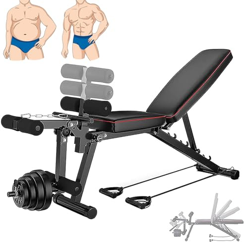 Banco de Pesas Musculacion Completo, Banco de Entrenamiento Multifuncional Plegable Ajustable, Banco de Abdominales con Extensiones de Piernas para Gimnasio en Casa