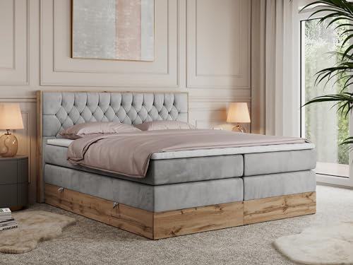 MKS MEBLE King Boxspringbett 200x200 mit Bettkasten Eiche, Polsterbett 200x200 mit Matratze H3, Bett 200x200 mit Kopfteil, Bett mit Holzrahmen in Wotan Eiche - Hellgrau Velvet - Amore King