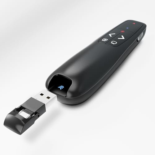 Presenter Powerpoint Fernbedienung, Roter Lichtzeiger, Kabellose 2.4 GHz Verbindung via USB-Empfänger Präsentationsfernbedienung für Windows/Mac/Linux/Android/PowerPoint (Mit Tasche)