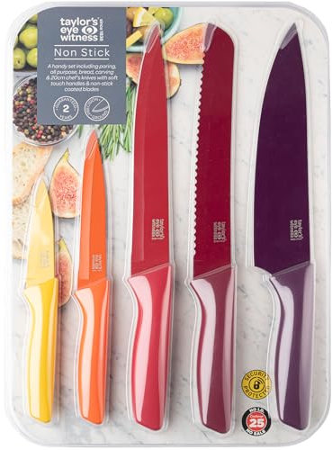 Taylors Eye Witness 5pc Coloured Kitchen Knife Set - Easy Clean, Non Stick Precision Ground Blades. Yellow Paring, Orange All-Purpose, Purple Chefs, Maroon Serrated Bread & Red Carving Knife