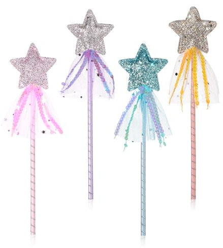 Cobee 4 Stück Stern Prinzessin Zauberstab Kinder, Fee Glitzer Stern Zauberstab Kostüm Feenstab für Mädchen, Prinzessin-Stab für Hochzeit Cosplay Geburtstagsfeier Dekoration