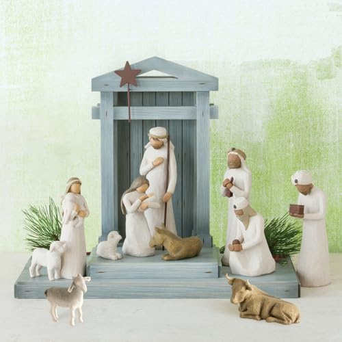 Alulayu Presepe in resina con 6 personaggi e stalla, statuetta di Gesù, presepe in resina, piccole persone, set di presepe Born Scene Willow-Tree figurine