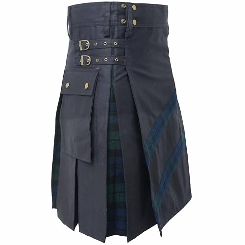Utility Kilts for Men - Traditional Scottish Modern Hybrid Utility Kilt Tartan - Black Cotton Kilt Adjustable Strap, Kilts for Men (Black Watch, Belly Button - 42 Inches)