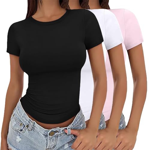 Dam 3-pack kortärmad toppar rund hals basic t-shirts stretch anpassad sommar magtröja smal passform Y2K basic blus bekväm dubbel fodrad topp stretch tight beskuren t-shirt söt pullover t-shirts, b, M